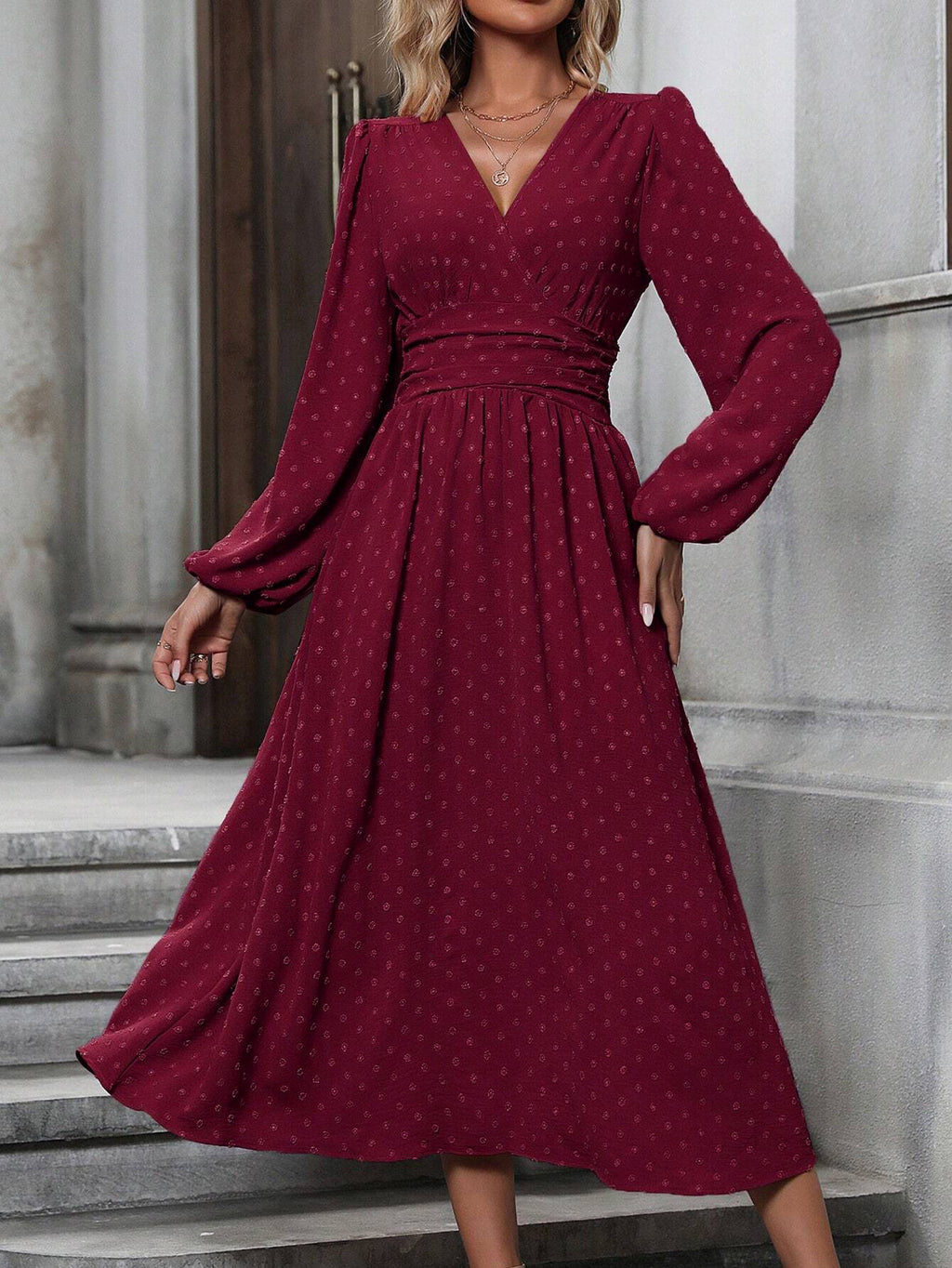 V-Neck Lantern-Sleeve Midi Dress