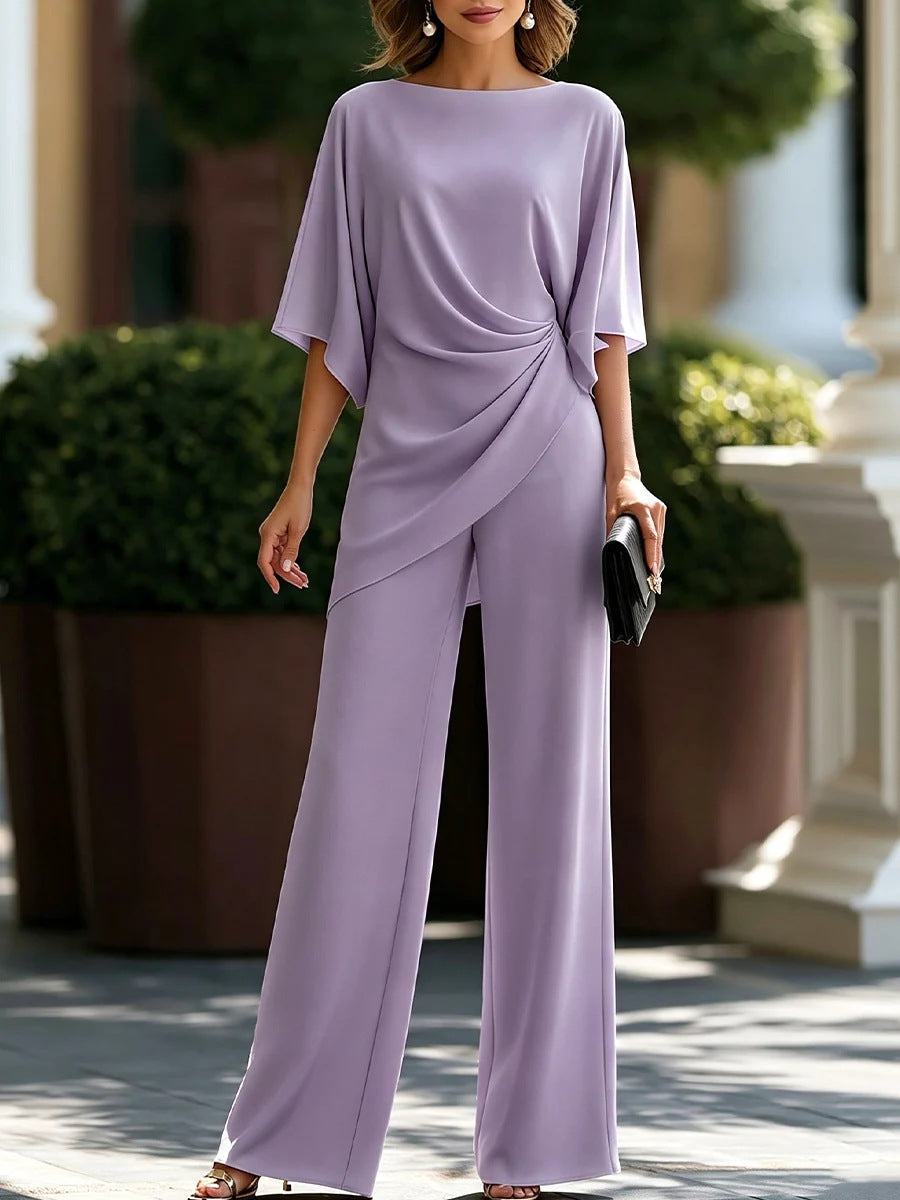 Women's drop-waist shirt and wide-leg pants set in lavender purple