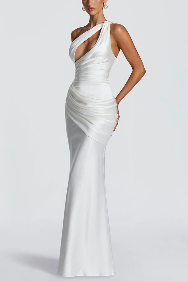 White one-shoulder satin fishtail evening dress with upper-bodice cutout – full-length front view