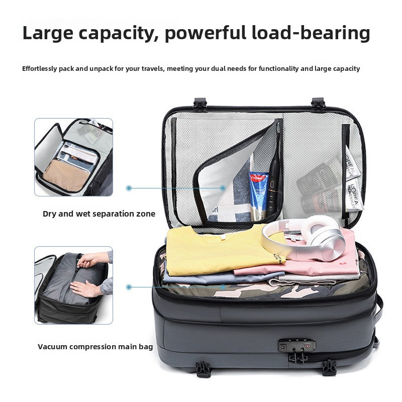 Large-capacity expandable travel backpack with dry-wet separation and vacuum compression compartments