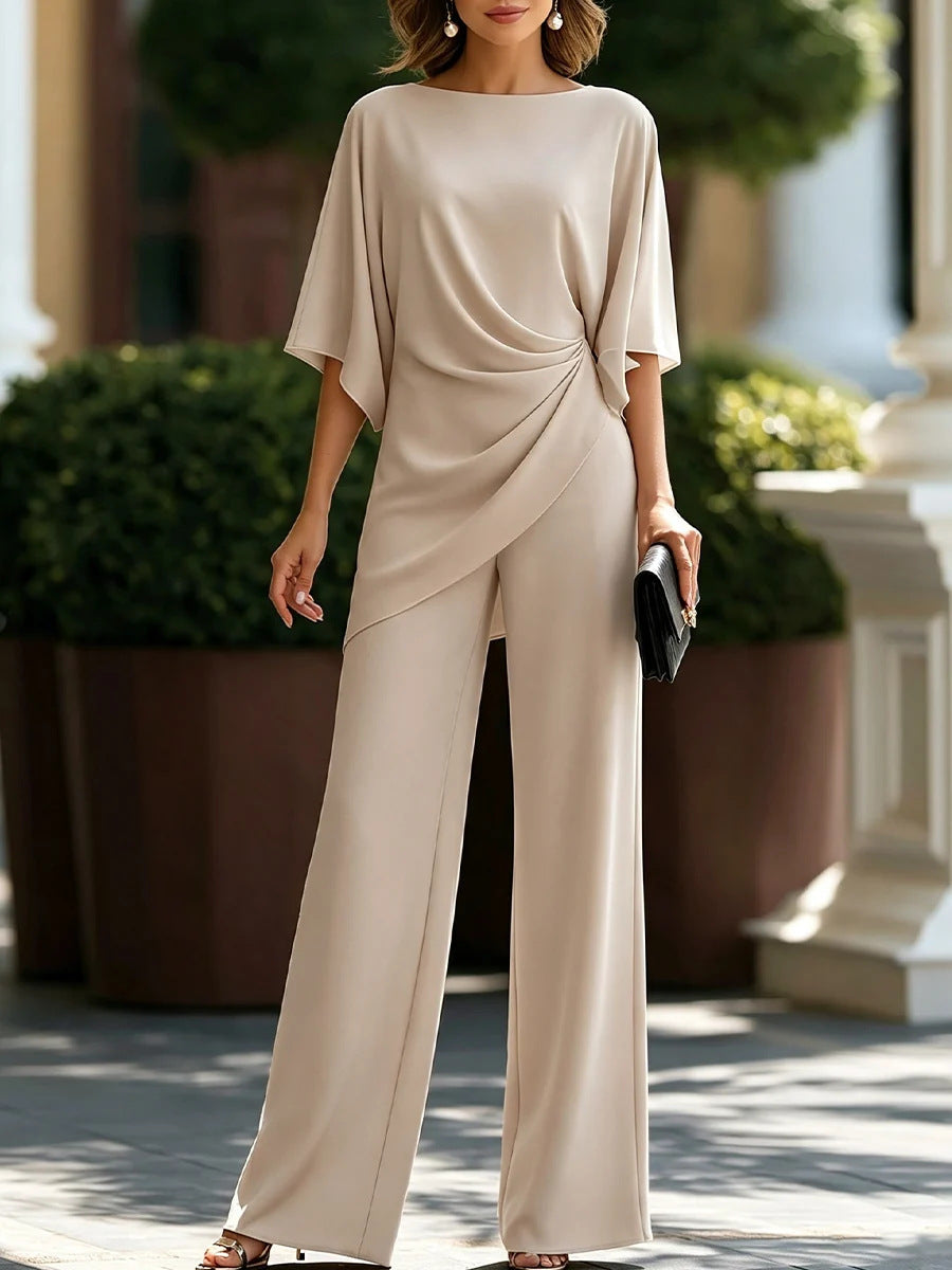 Women's drop-waist shirt and wide-leg pants set in off white
