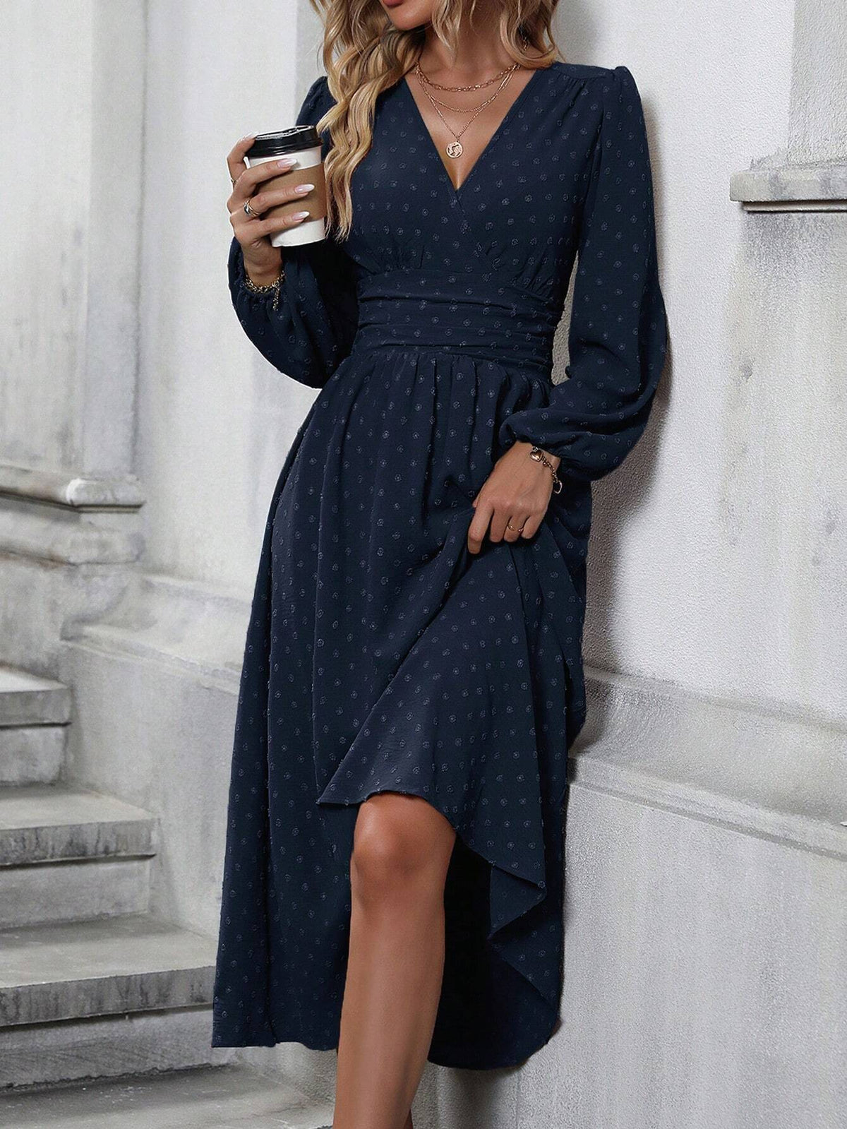 V-Neck Lantern-Sleeve Midi Dress