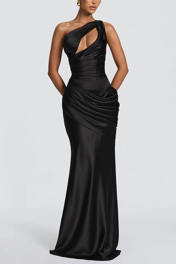 Black one-shoulder satin fishtail evening dress with upper-bodice cutout – full-length front view