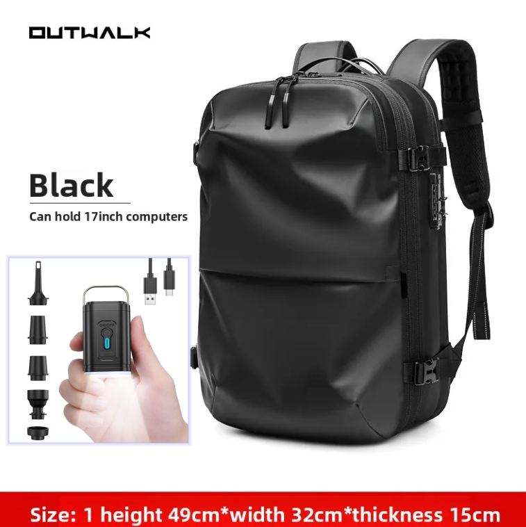 Black expandable vacuum compression travel backpack with electric air pump, 17-inch laptop capacity and dimensions