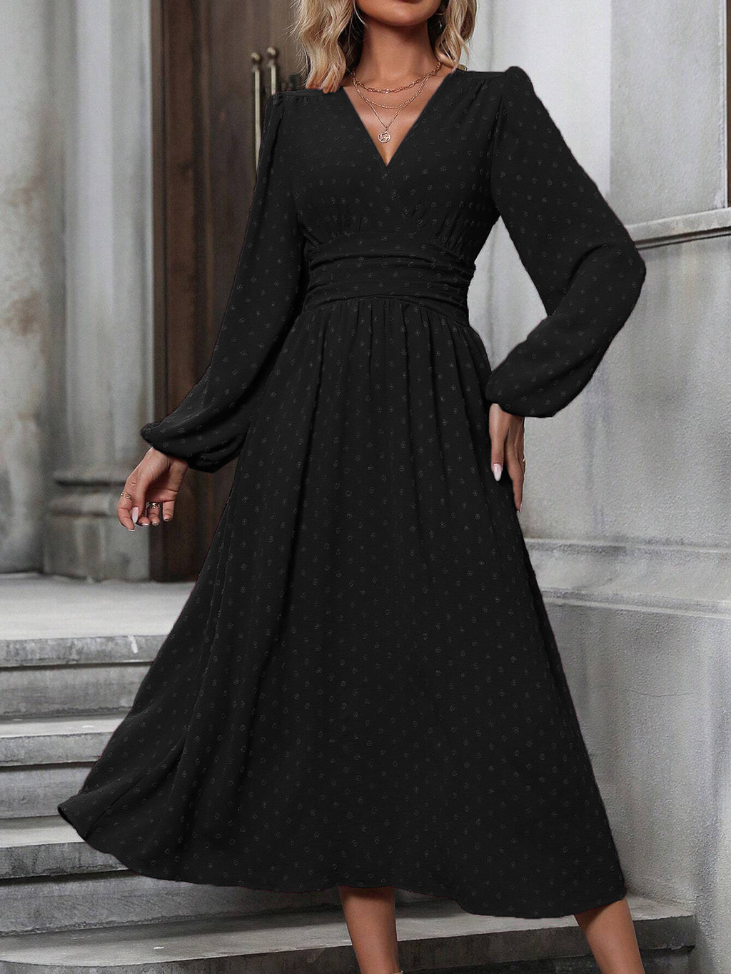 V-Neck Lantern-Sleeve Midi Dress