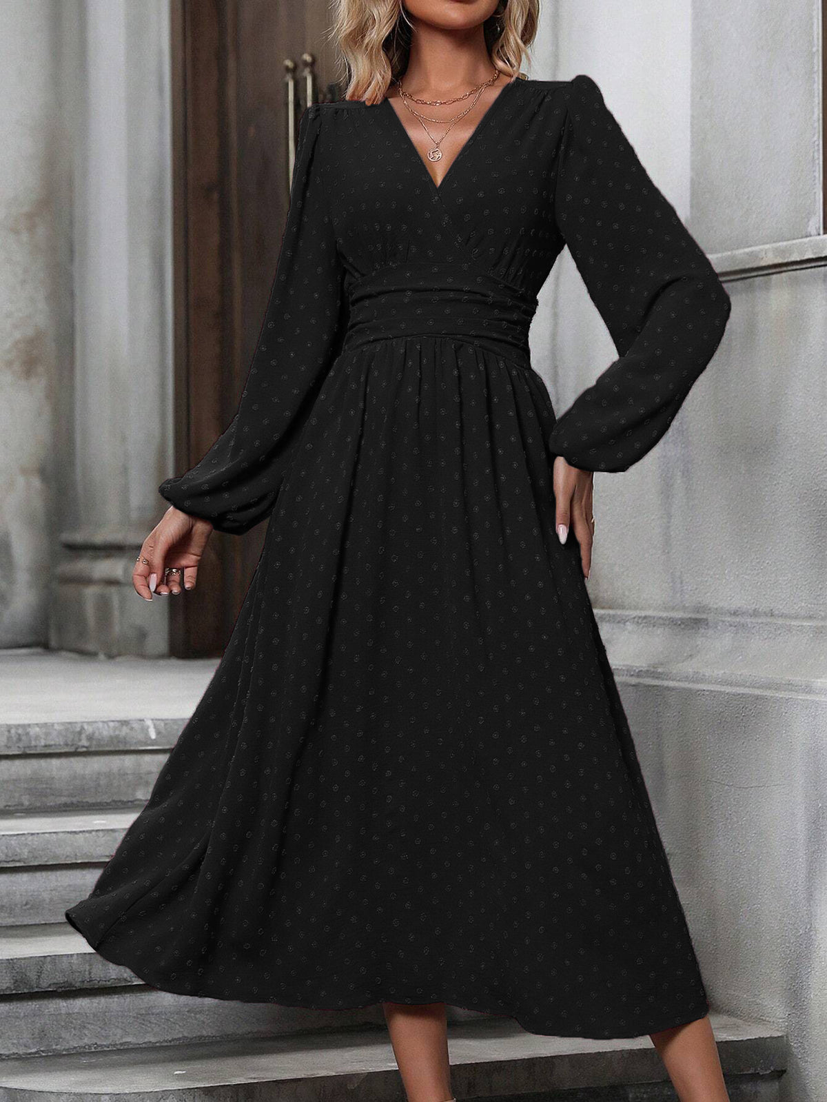 V-Neck Lantern-Sleeve Midi Dress