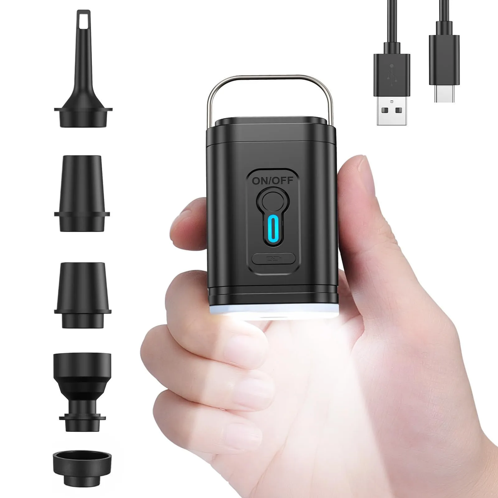 Portable electric air pump with USB charging cable and nozzle attachments included with travel backpack