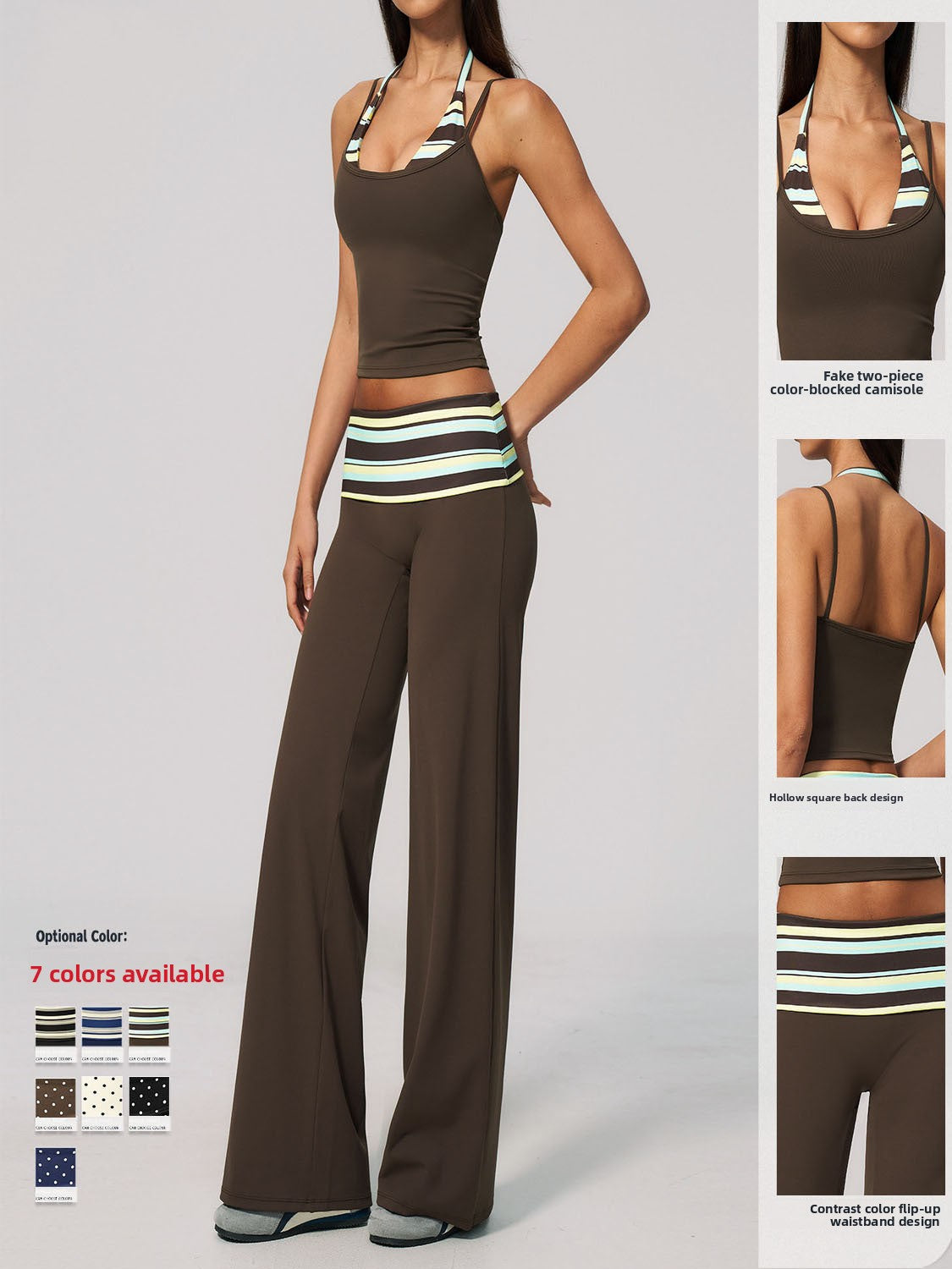 A model wears a two-piece activewear set consisting of a dark brown halter crop top and matching wide-leg pants with a striped elastic waistband. The image includes three inset detail views on the right showing the front, back, and side of the halter top, and a color options swatch on the bottom left.