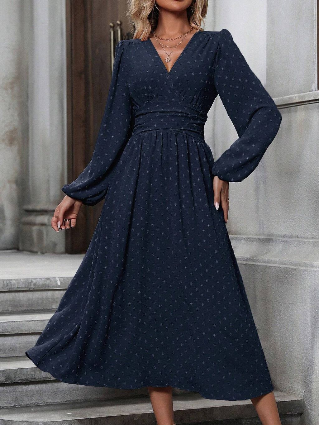 V-Neck Lantern-Sleeve Midi Dress
