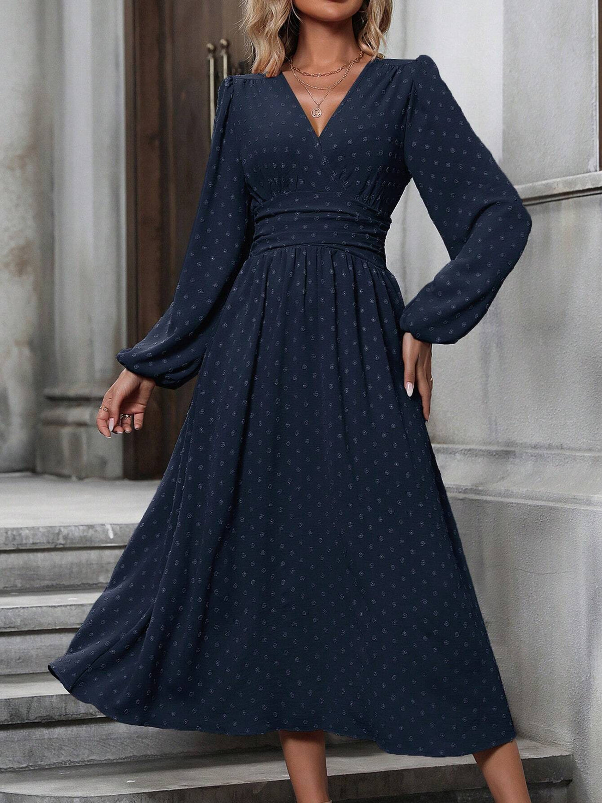 V-Neck Lantern-Sleeve Midi Dress