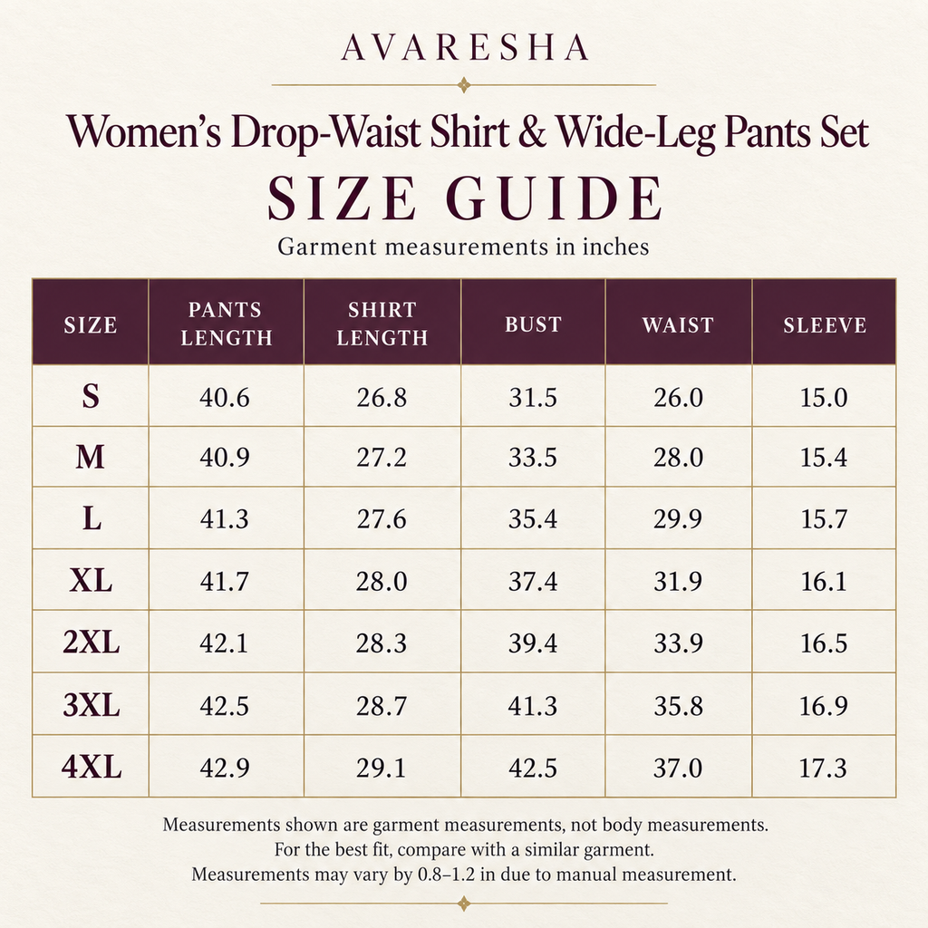 Size guide for Avaresha Women’s Drop-Waist Shirt and Wide-Leg Pants Set, sizes S through 4XL, with garment measurements in inches