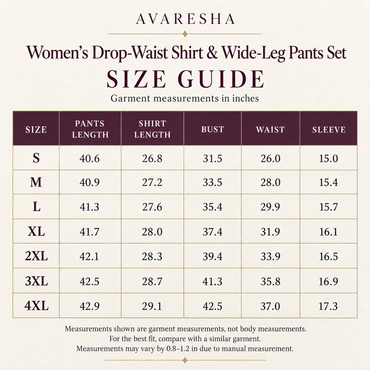Size guide for Avaresha Women’s Drop-Waist Shirt and Wide-Leg Pants Set, sizes S through 4XL, with garment measurements in inches