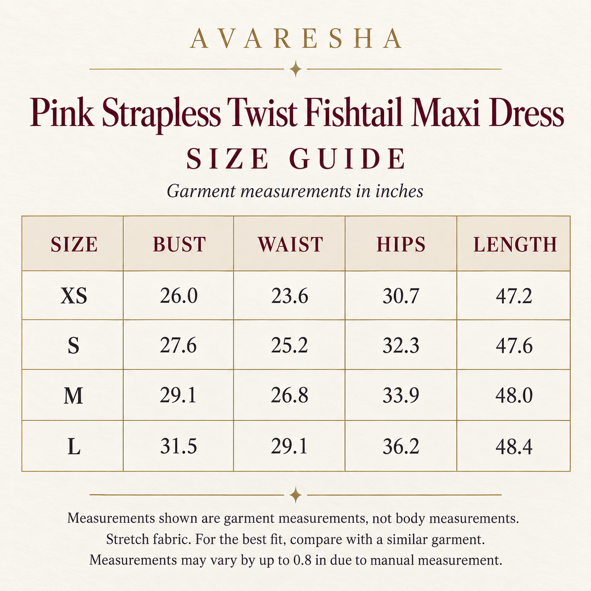 Size guide for Avaresha Pink Strapless Twist Fishtail Maxi Dress, XS through L, with garment measurements in inches