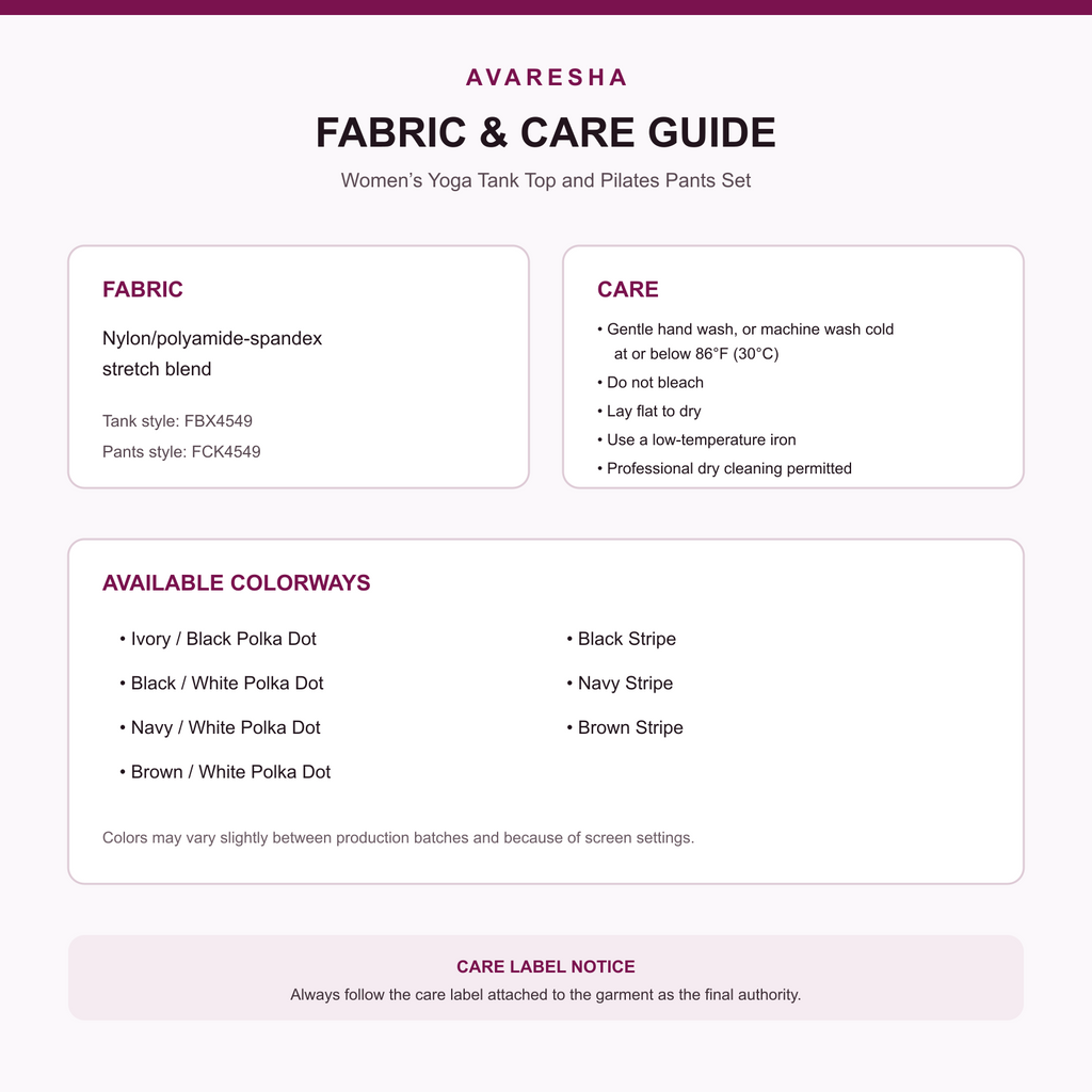 Women’s yoga tank and Pilates pants fabric, care instructions and available colors
