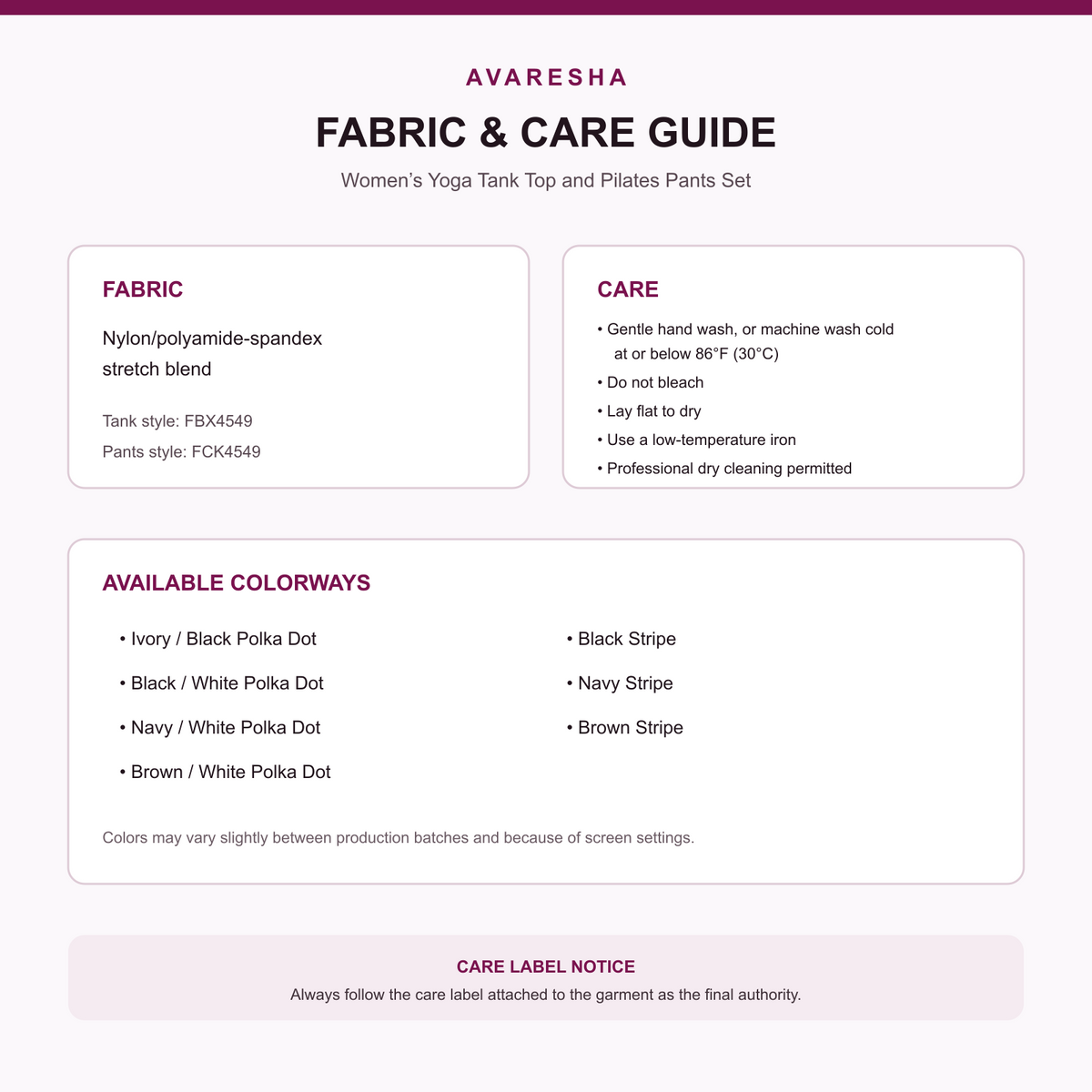 Women’s yoga tank and Pilates pants fabric, care instructions and available colors