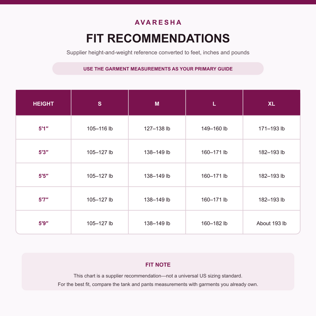 Women’s yoga set height and weight fit recommendations in US measurements