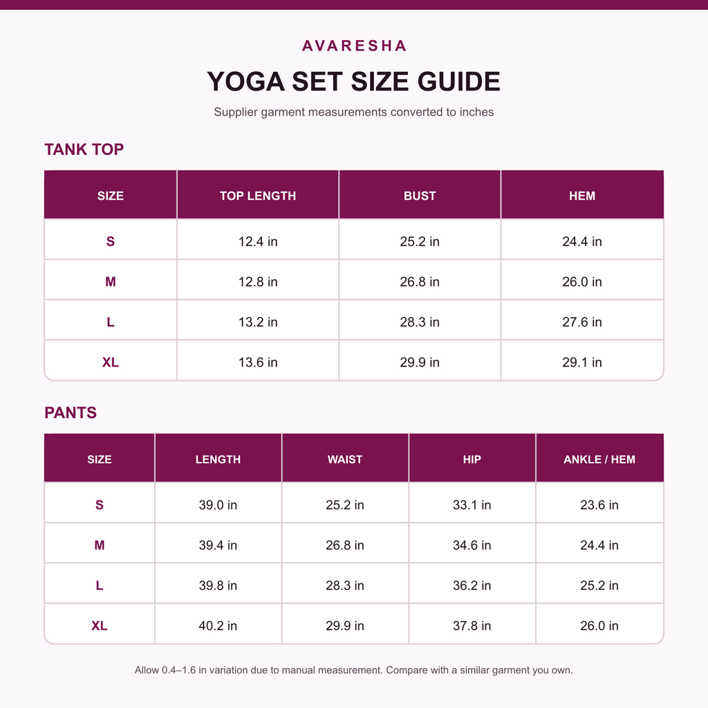 Women’s yoga tank top and Pilates pants set size guide in inches