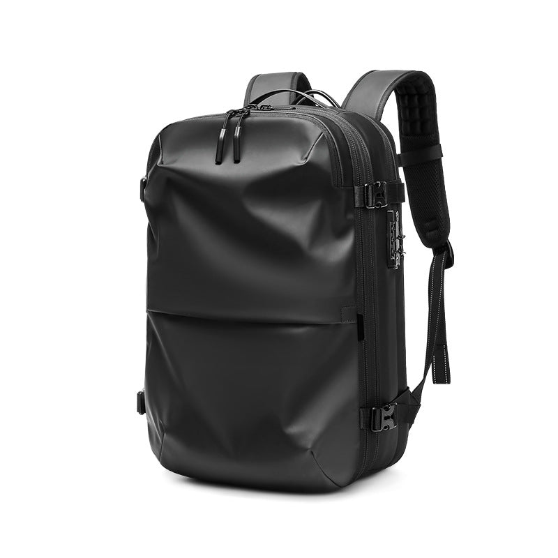 Black expandable vacuum compression travel backpack front view on white background