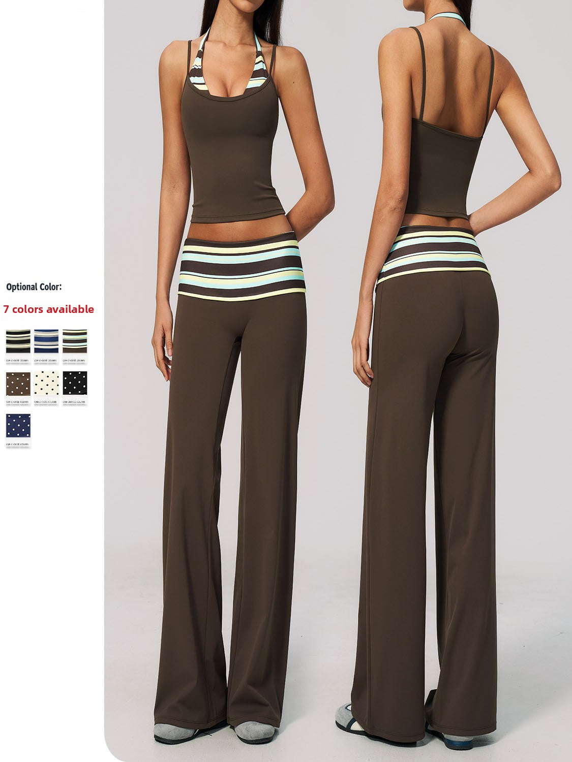 A model shown from the front and back wearing a brown activewear set with a striped waistband. The set includes a scoop-neck tank top and wide-leg pants.