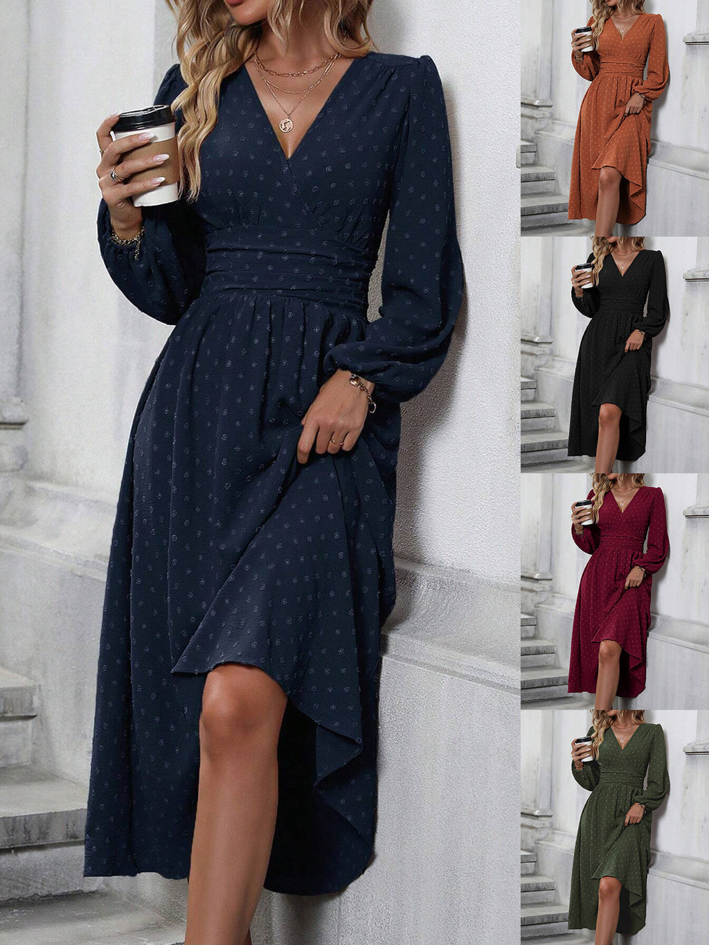 V-Neck Lantern-Sleeve Midi Dress