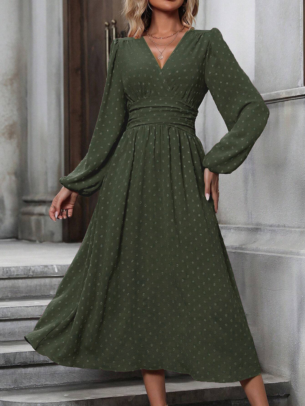V-Neck Lantern-Sleeve Midi Dress