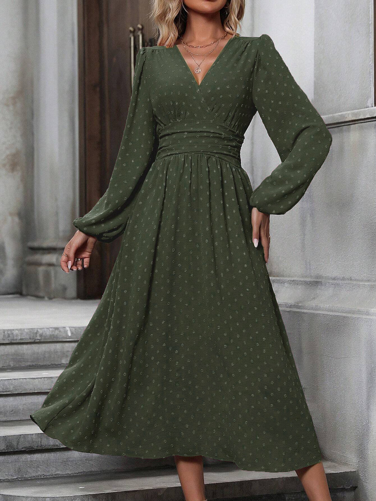 V-Neck Lantern-Sleeve Midi Dress