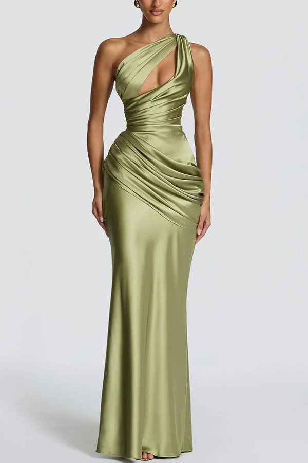 Green one-shoulder satin fishtail evening dress with upper-bodice cutout – full-length front view
