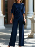 Women's drop-waist shirt and wide-leg pants set in navy blue